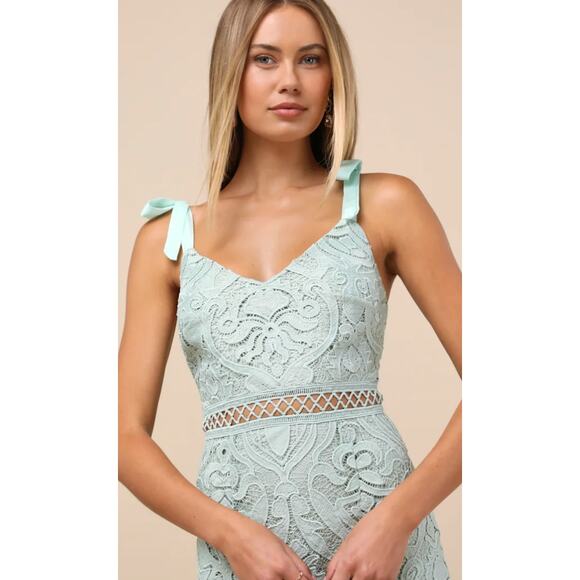 New Lulus Won Your Heart Sage Green Lace Tie-Strap High-Low Midi Dress - Picture 2 of 4